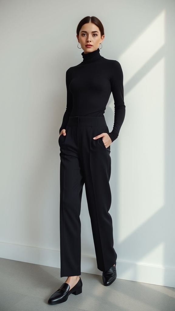 Elegant All Black Outfit Trends 2 Classic black turtleneck with tailored trousers and loafers in an all-black outfit.