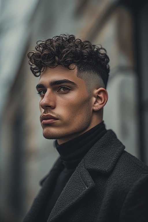 Curly Hair Men’s Styles 3 A modern curly undercut hairstyle with sharp faded sides and voluminous curls on top.
