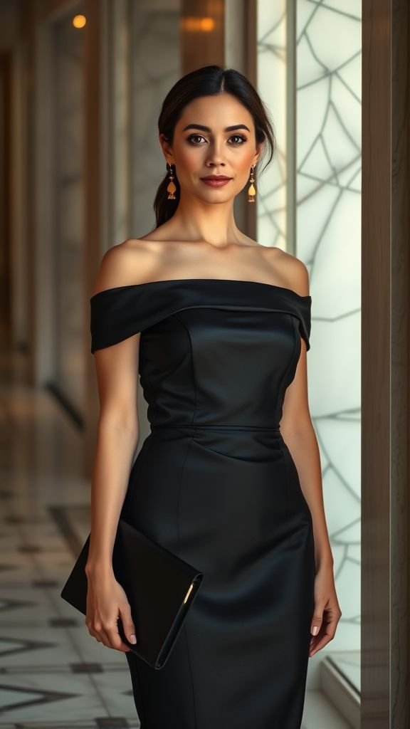All Black Outfit: Timeless Sophistication in Every Style 4 Woman in an off-shoulder satin little black dress holding a clutch in a softly lit hallway, representing timeless elegance.