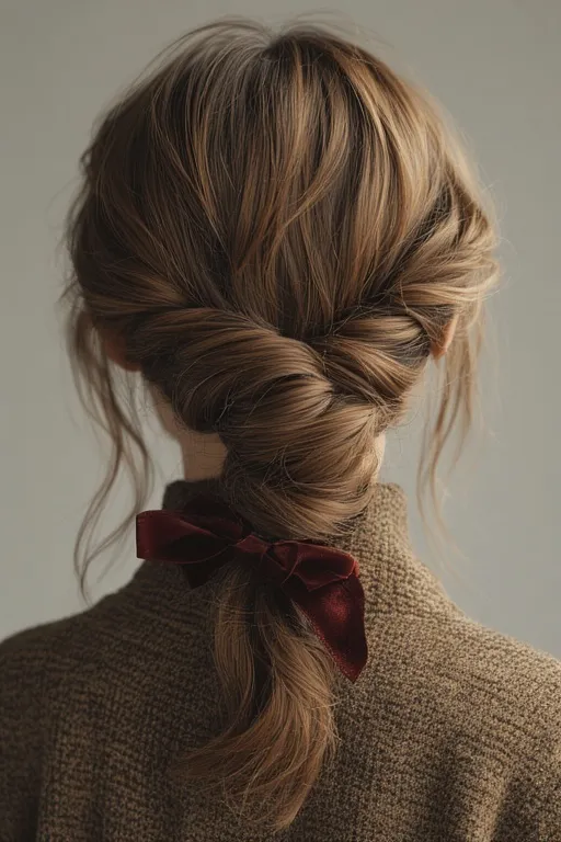 Fall Hair Styles For Cozy Autumn Look 2025 5 Sleek low ponytail with velvet ribbon for a polished fall look.