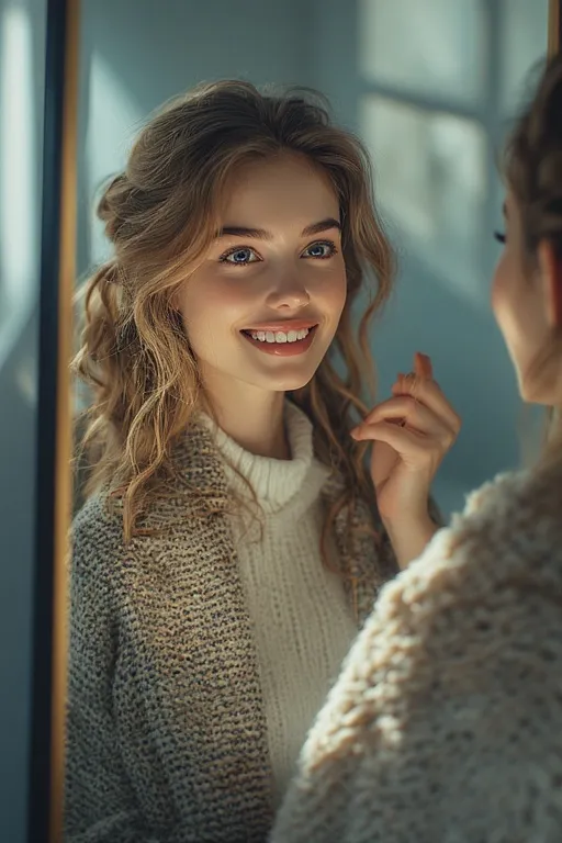 Confident woman admiring her reflection after a stylish haircut and outfit transformation.