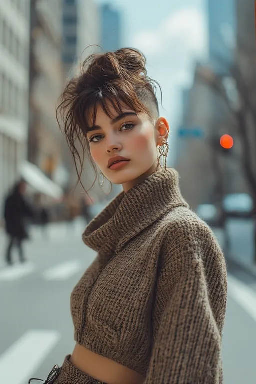 A fashionable woman showing the harmony between outfit and hairstyle for a complete chic look.