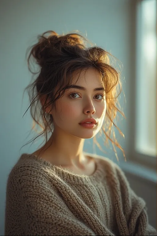 Effortless messy bun hairstyle perfect for fall comfort.