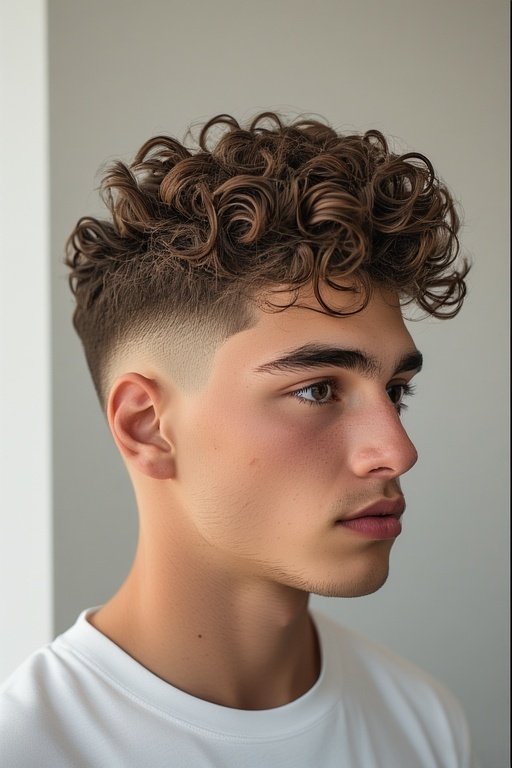 Curly Hair Men’s Styles 2 Hyper-realistic image of a man with a curly fade haircut featuring short faded sides and voluminous curls on top.