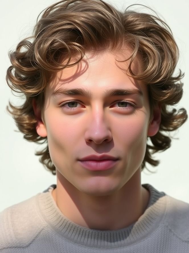 Curly Hair Men’s Styles 6 Hyper-realistic image of a man with a curly fringe hairstyle, curls falling naturally over the forehead.