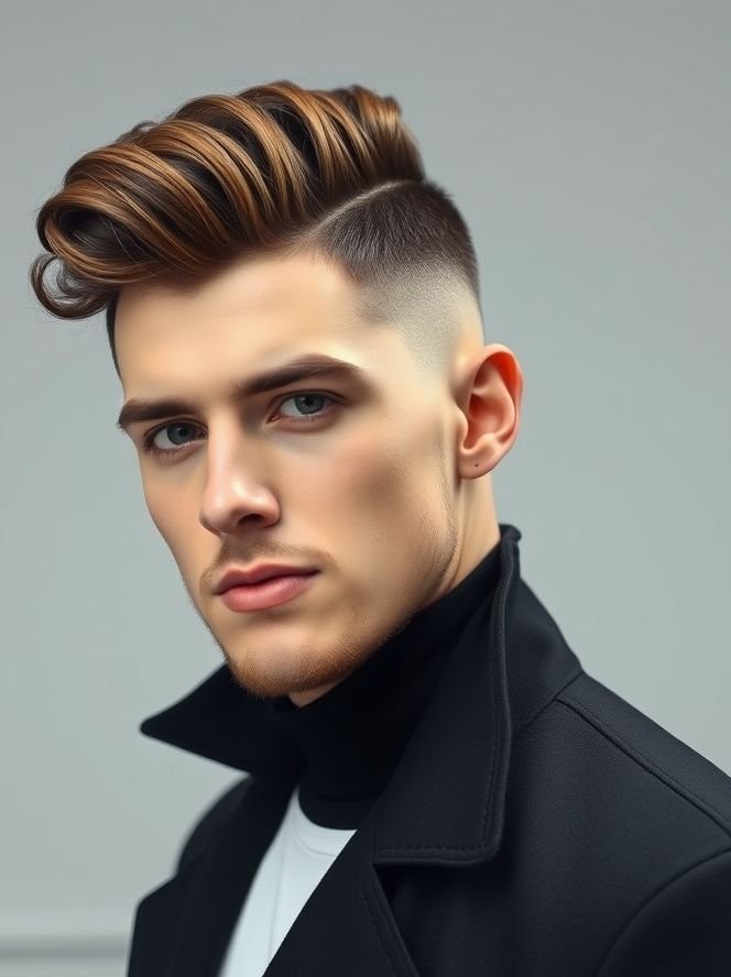 Curly Hair Men’s Styles 5 Hyper-realistic portrait of a man with a curly quiff hairstyle and short sides.