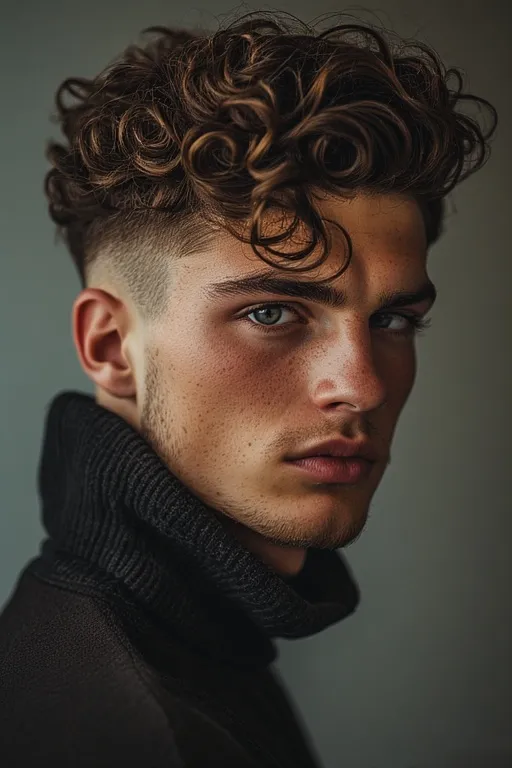Man with curly undercut hairstyle featuring sharp fades and voluminous curls on top for a bold modern look.