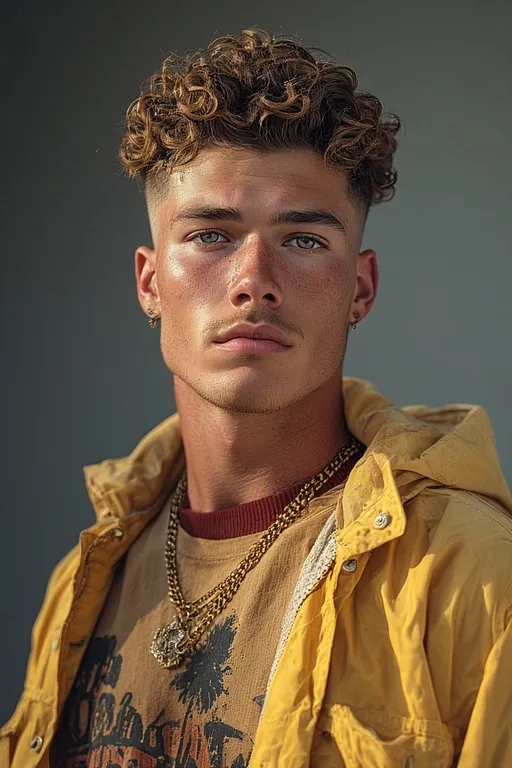 Trendy curly haircuts for men 5 Man with curly undercut hairstyle featuring contrast and volume.