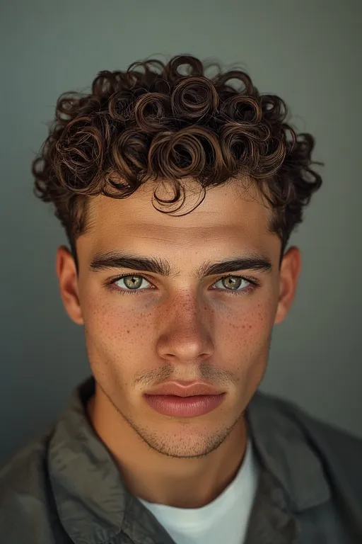 Curly hair mens styles trendy looks 7 Defined short curly hairstyle for men with neat fade and healthy texture.