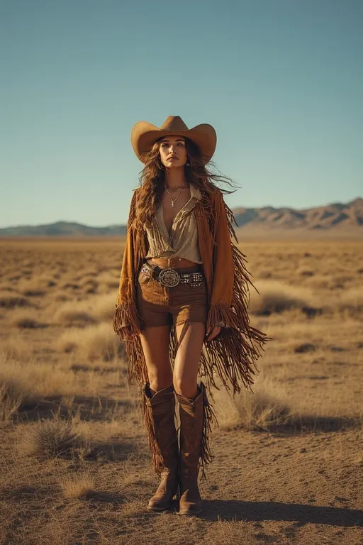 10 Cowgirl Style Outfit Ideas 2 A fashionable woman wearing a Western cowgirl outfit with a hat, fringe jacket, and boots, posing in a rustic outdoor setting.