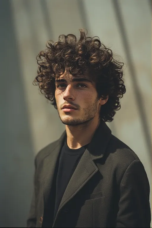 Man with naturally curly hair posing confidently outdoors, showcasing defined curls and effortless style