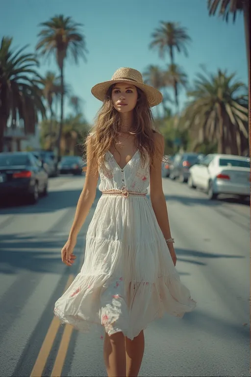 10+Stylish Cute Outfits Summer Fashion Ideas 2 A woman in a white sundress and straw hat walking on a sunny street, showcasing the essence of cute and effortless summer style.