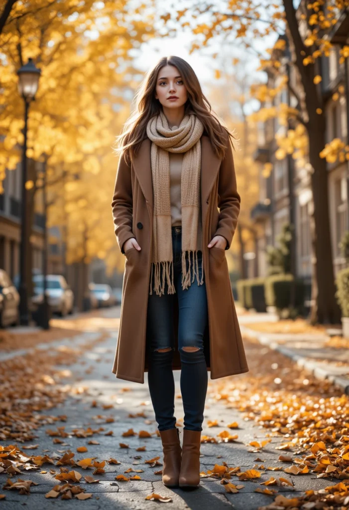 Fall Outfits Ideas For Cool Weather Style 2 Chic fall outfit featuring layered wool coat, knit scarf, and boots surrounded by autumn leaves.