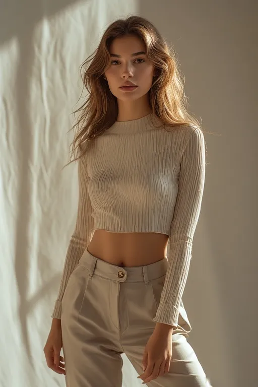 Fashion style and beauty 2 Confident woman with modern hairstyle and minimalist outfit representing individuality and fashion evolution.