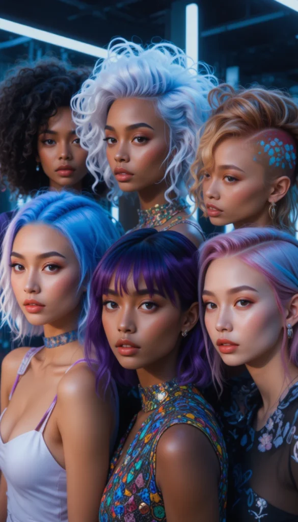 Group of models showcasing futuristic 2025 hairstyles celebrating diversity, texture, and individuality.