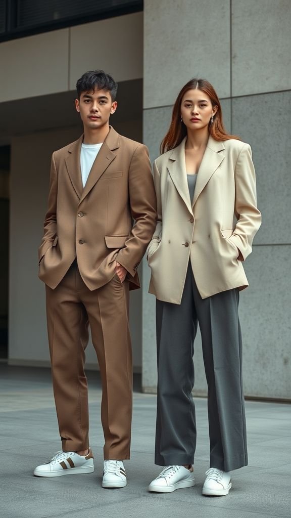 Street Style 2025: Bold Trends to Watch 4 Two models in gender-neutral oversized blazers and wide-leg trousers representing the inclusive genderless fashion movement of 2025.