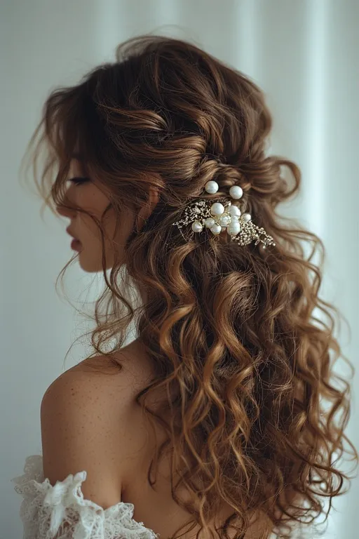 Half-up, half-down curly hairstyle with accessories for elegant occasions.