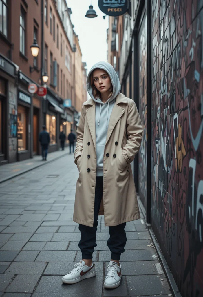 Sustainable Stockholm streetwear featuring oversized hoodie, trench coat, and eco sneakers in an urban winter setting.
