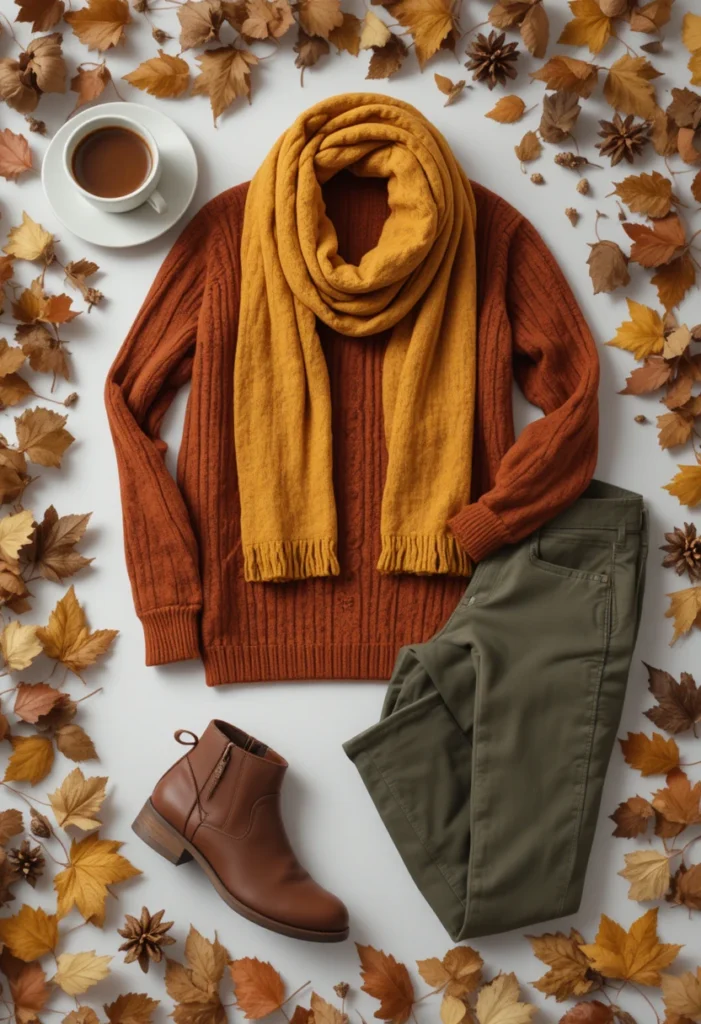 Fall Outfits Ideas For Cool Weather Style 6 Autumn-inspired fashion flat lay with rust, mustard, and olive-colored clothing pieces.
