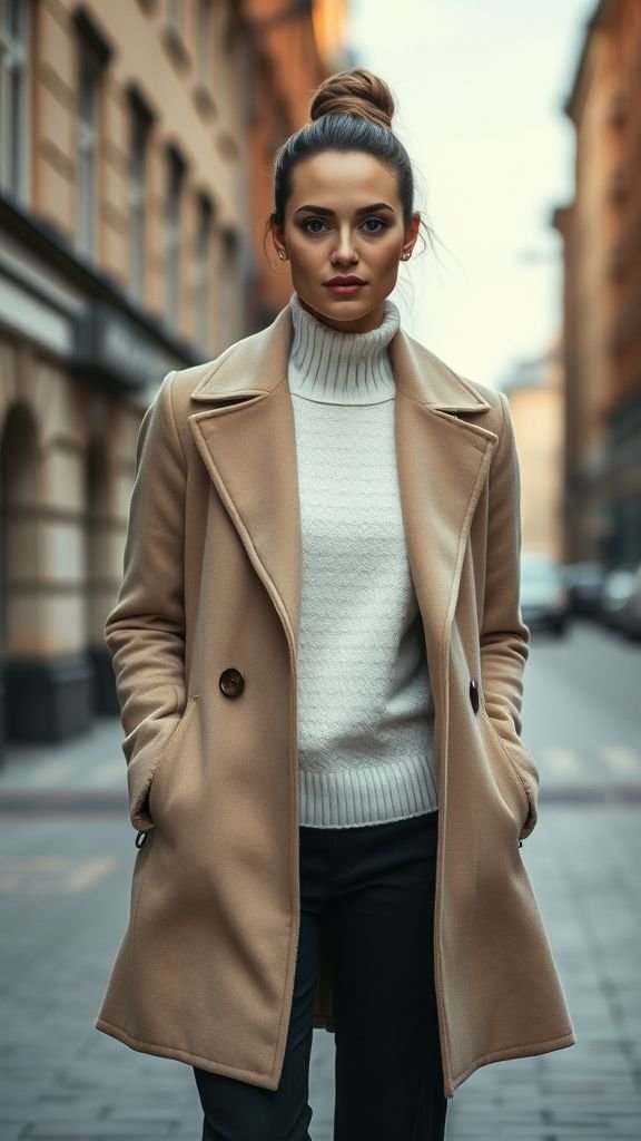 Stockholm Style: Effortless Scandinavian Fashion Defined 2 Neutral Stockholm outfit in beige, white, and black styled against city backdrop.