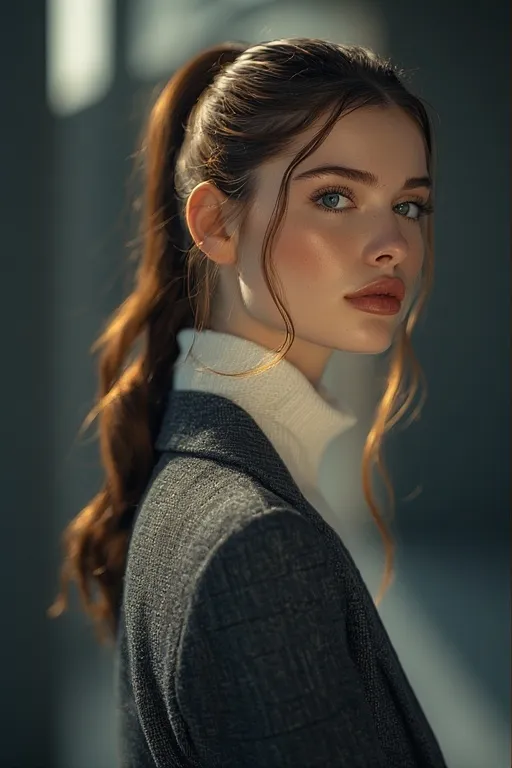 A fashionable woman showcasing the perfect harmony between her outfit and sleek hairstyle.