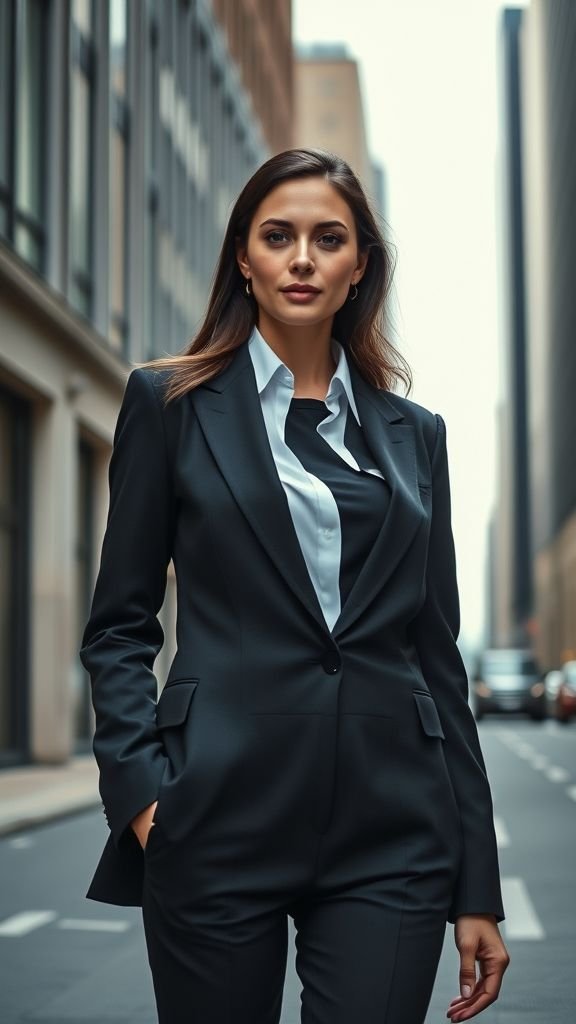 Elegant All Black Outfit Trends 5 All-black tailored power suit styled with either a shirt or crop top