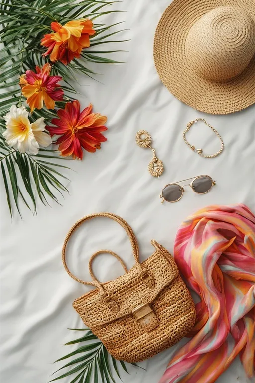 10+Stylish Cute Outfits Summer Fashion Ideas 10 Flat lay of summer accessories including a straw hat, woven bag, sunglasses, and gold jewelry.