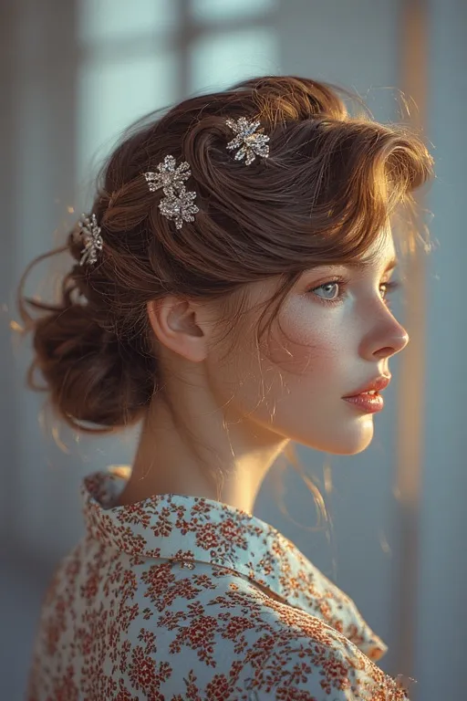 Hairstyle enhanced with fashionable accessories like clips and ribbons for a polished look.