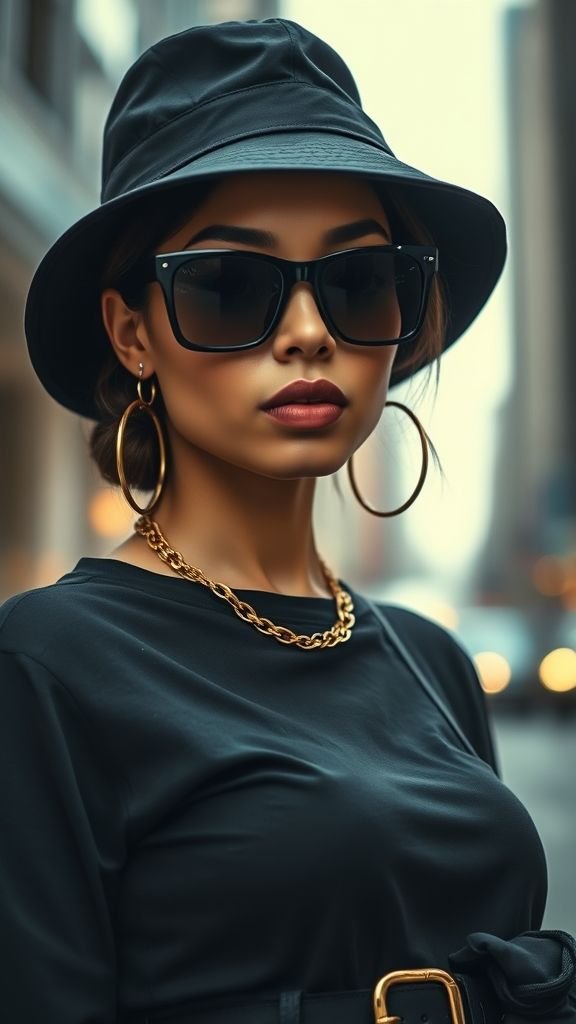 Street Style 2025: The New Era of Effortless Fashion 11 Close-up of woman in black outfit with bold accessories — sunglasses, hat, and gold jewelry defining 2025 street style.