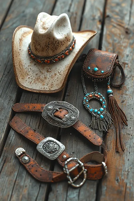 10 Cowgirl Style Outfit Ideas 7 Flat-lay of cowgirl accessories — hat, turquoise jewelry, bolo tie, and fringe bag — arranged on a wooden surface.