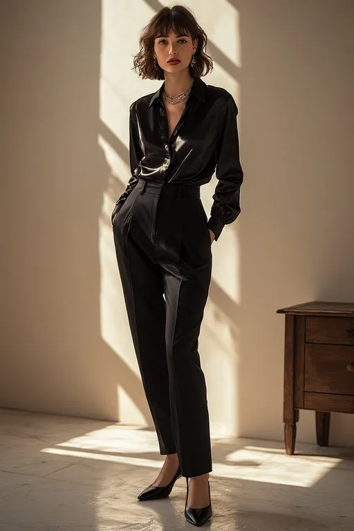 Elegant all-black outfit featuring satin blouse and tailored trousers for a sophisticated minimalist look.