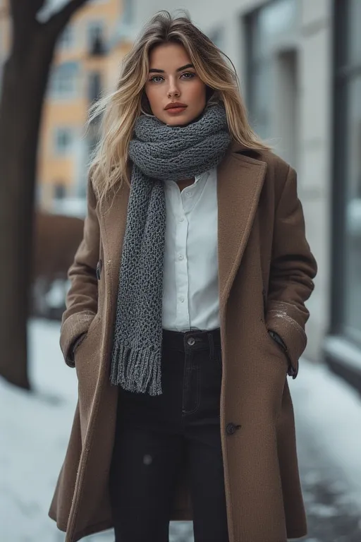 10+ Stockholm Style Ideas 5 Layered Stockholm winter outfit featuring wool coat, chunky knit, and scarf in neutral tones.