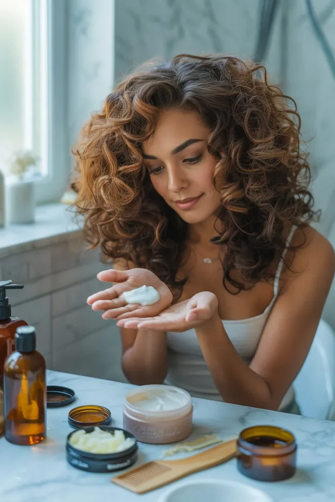 Gorgeous Curly Hairstyles to Embrace Your Natural Beauty 5 Woman moisturizing curly hair with conditioner for hydration and shine.