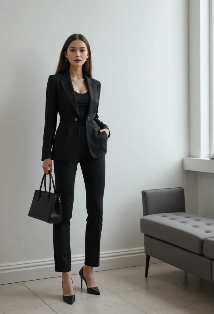 10+Office Siren Outfit Ideas 6 Woman in a monochrome black outfit with blazer and heels, showing minimalist sophistication and siren style.