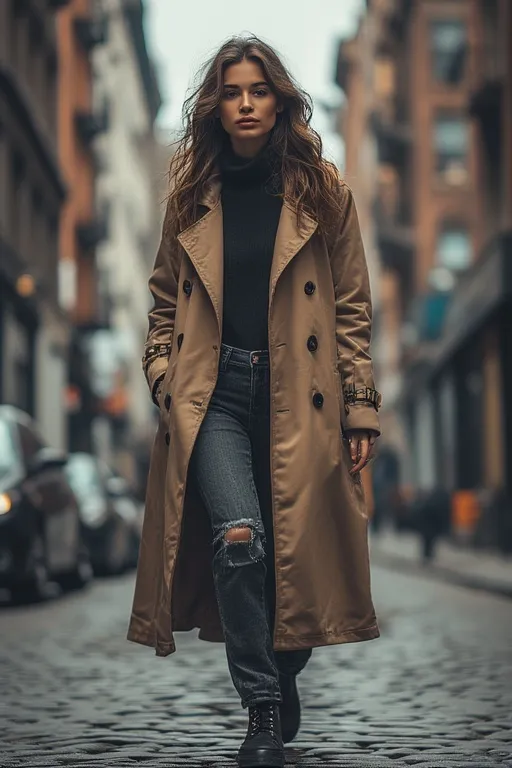 10+Chic Street Style Outfits Ideas 9 Stylish woman in long trench coat showcasing urban street outerwear fashion.