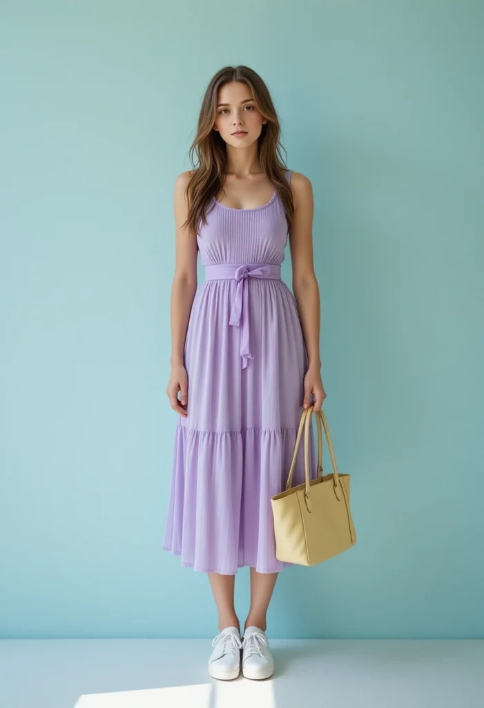 10+Chic Summer Style Inspiration Ideas 3 Pastel lilac summer outfit styled with white sneakers and a yellow bag for a soft, chic seasonal look.