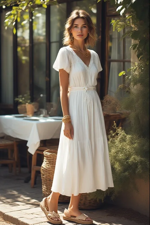 Stylish woman in white summer dress with gold jewelry and espadrilles.