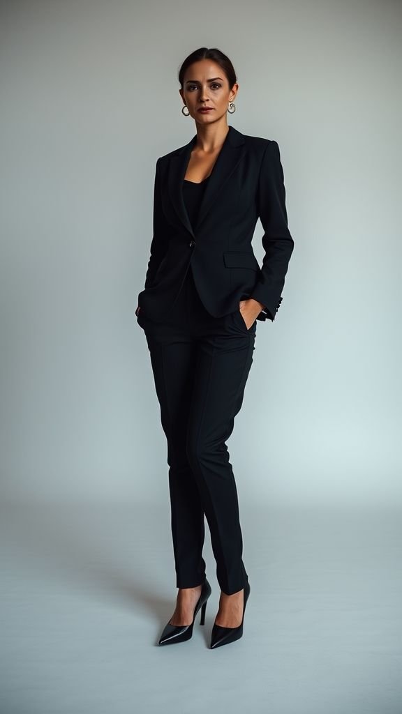 All Black Outfit: Timeless Sophistication in Every Style 2 Woman in full black outfit with blazer and trousers, showcasing a sophisticated monochrome style in a minimalist setting.