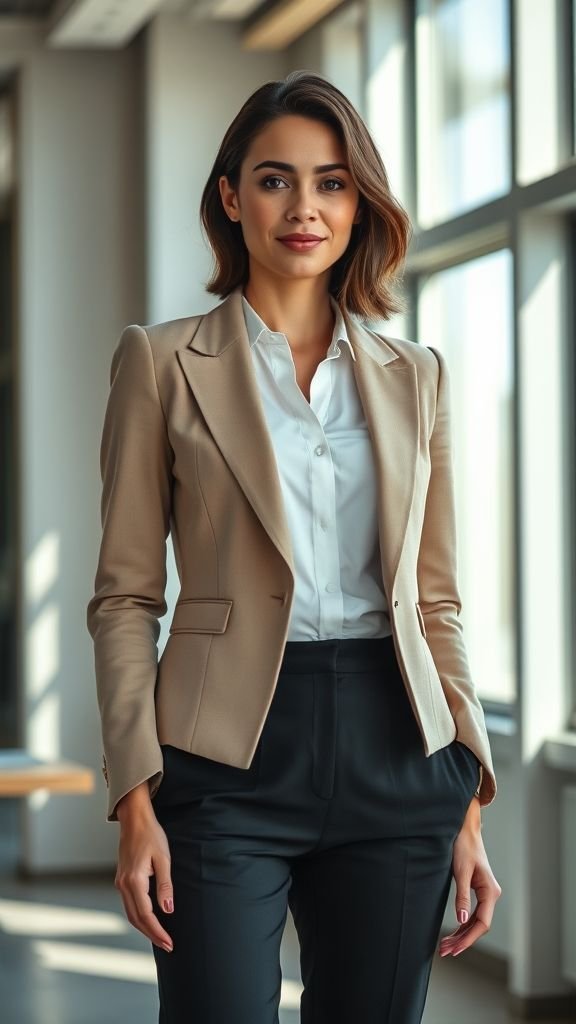 business casual outfits 2 Woman in beige blazer and black trousers standing in a bright office, showcasing a classic business casual outfit.