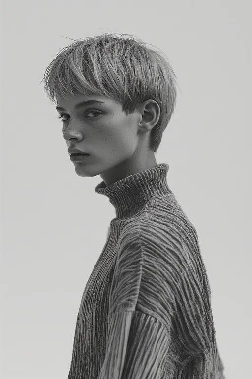 Trendy Fashion & Hairstyle Ideas for a Modern Look 9 Androgynous model with a short textured haircut wearing fluid, gender-neutral fashion in monochrome tones.
Alt Text: