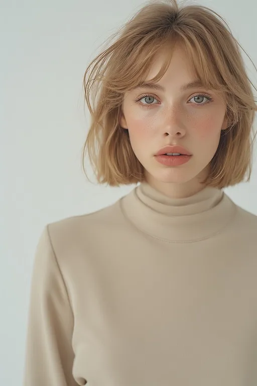 Fashion style and beauty 4 Minimalist woman with sleek bob hairstyle and neutral-toned outfit showcasing simple modern style.