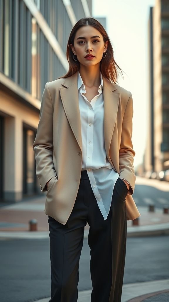 Street Style 2025: The New Era of Effortless Fashion 2 Woman in oversized blazer and wide-leg trousers showing the effortless, relaxed tailoring trend of 2025.