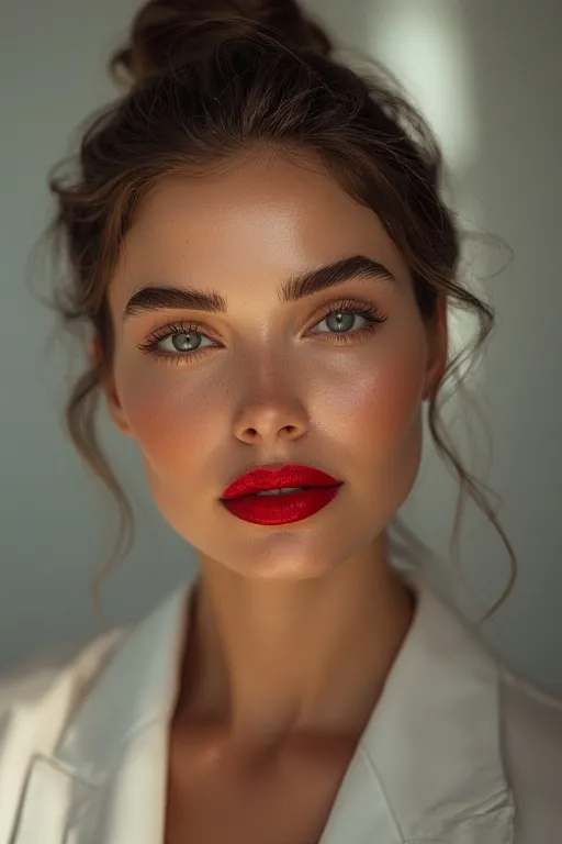 10+Office Siren Outfit Ideas 10 Close-up of woman with sleek bun and red lipstick, highlighting polished office siren hair and makeup.