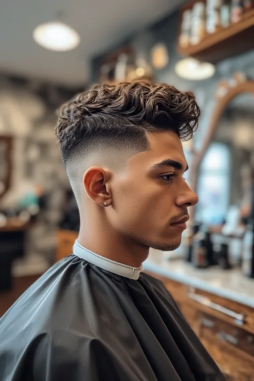 Curly hair mens styles trendy looks 3 Textured fade hairstyle for men featuring defined curls and tapered sides.