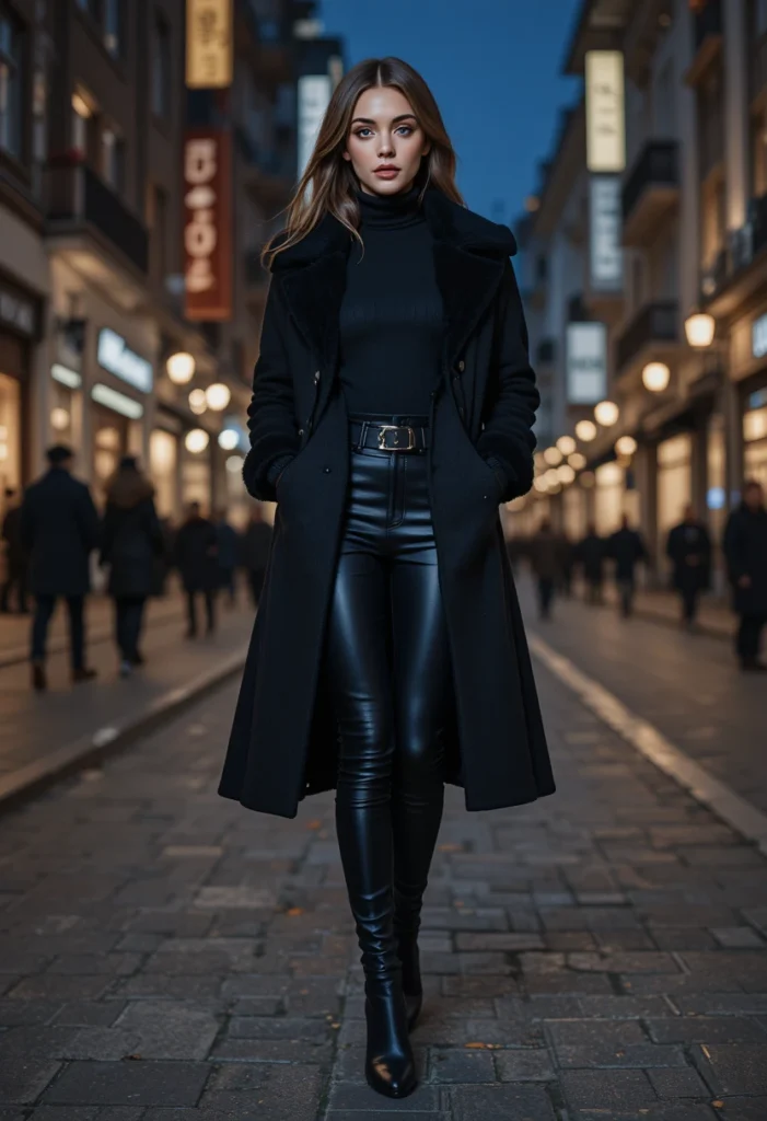 Elegant all-black winter outfit with a wool coat and leather pants for a timeless, chic look.