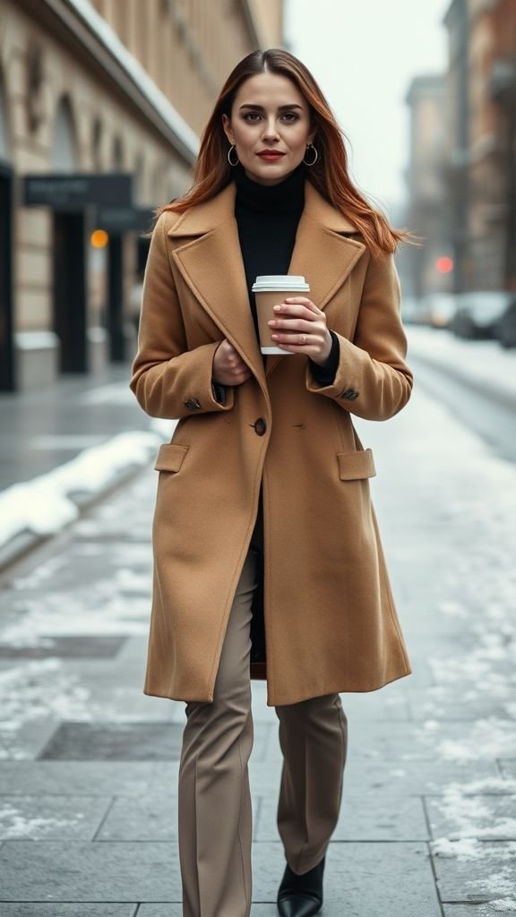Winter Fashion Inspo: Chic Looks to Stay Warm 2 Woman in a camel wool coat and turtleneck showing timeless winter elegance.