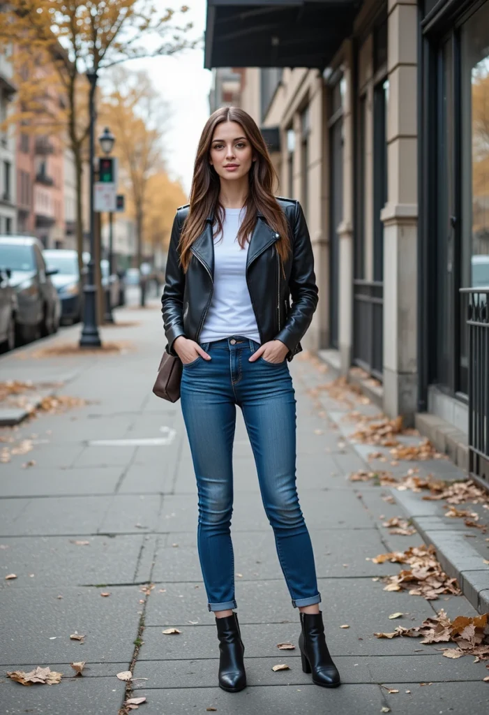 Fall Outfits Ideas For Cool Weather Style 7 Woman wearing leather jacket and jeans — classic denim and leather fall combo.