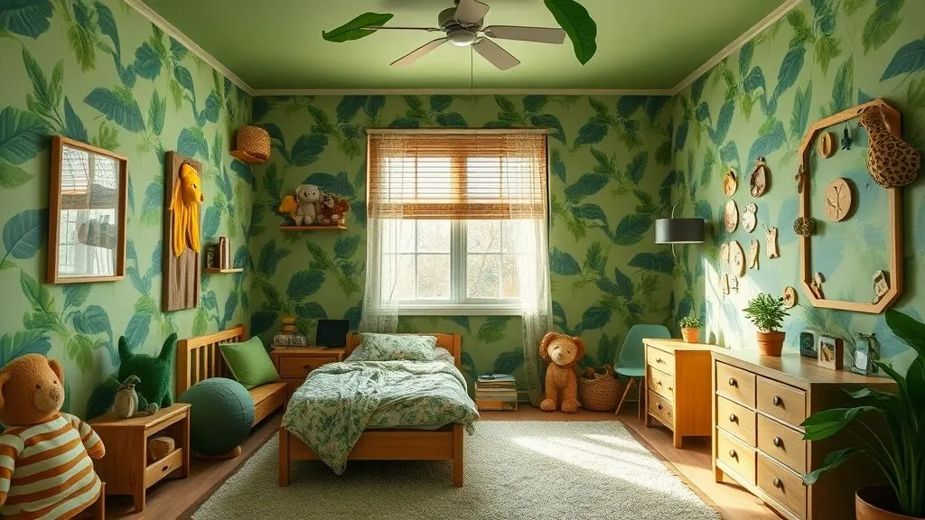 Jungle-themed kids’ bedroom with animal decor and green accents.