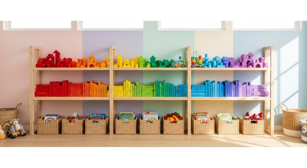 16 Whimsical Kids Room Ideas to Brighten Your Home Decor 11 Kids room with open shelves displaying toys and colorful storage bins.