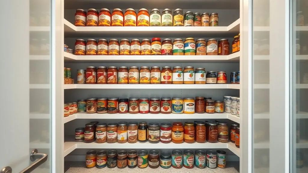 Kitchen and Pantry Organization 7 Full-view pantry with tiered shelves neatly displaying cans and sauces in warm lighting.